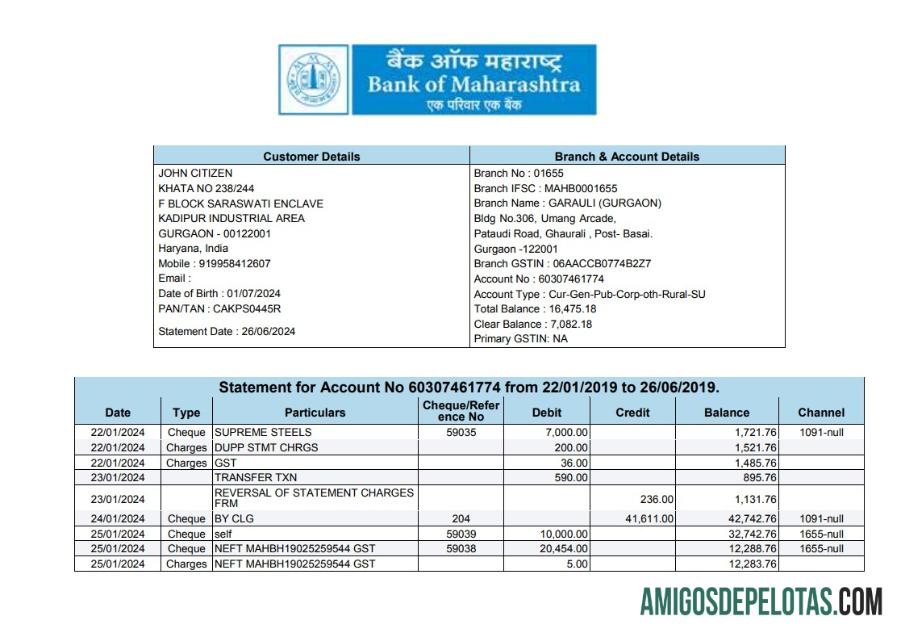 Modelo de extrato bancário para download do INDIA BANK OF MAHARASHTRA, formato Word e PDF